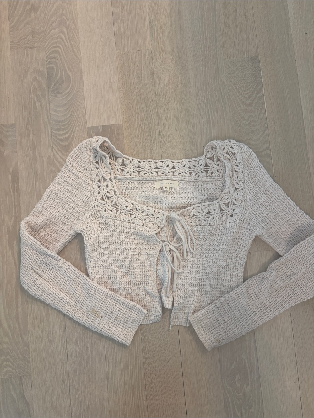 La Hearts Cream Crochet Tie-Front Cardigan